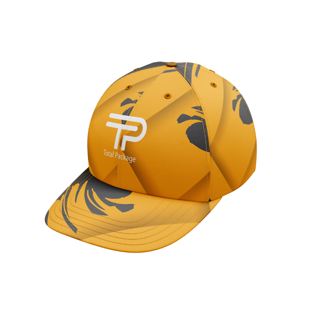 Yellow cap with black patterns and a logo on a white background
