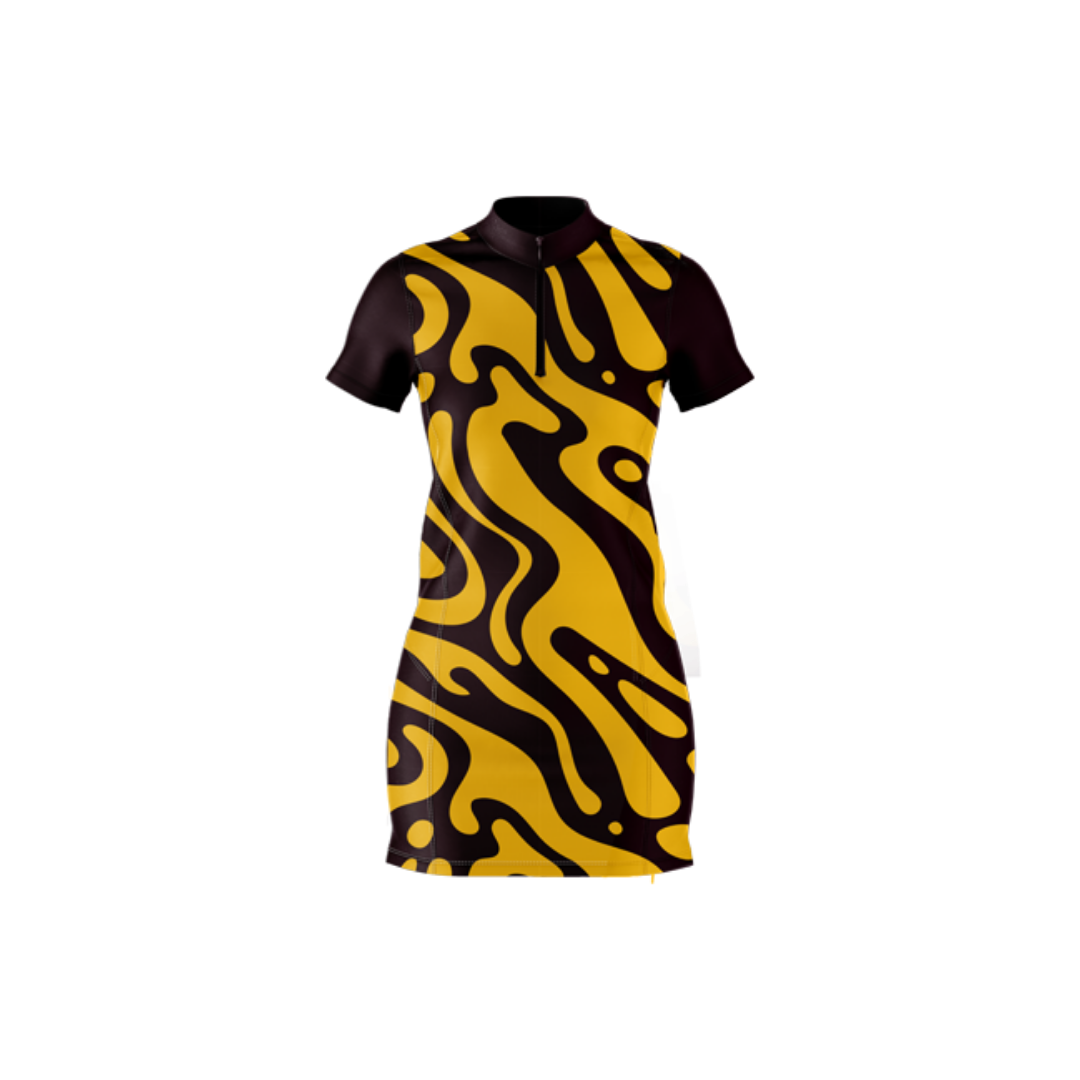 Black and yellow patterned dress on a white background