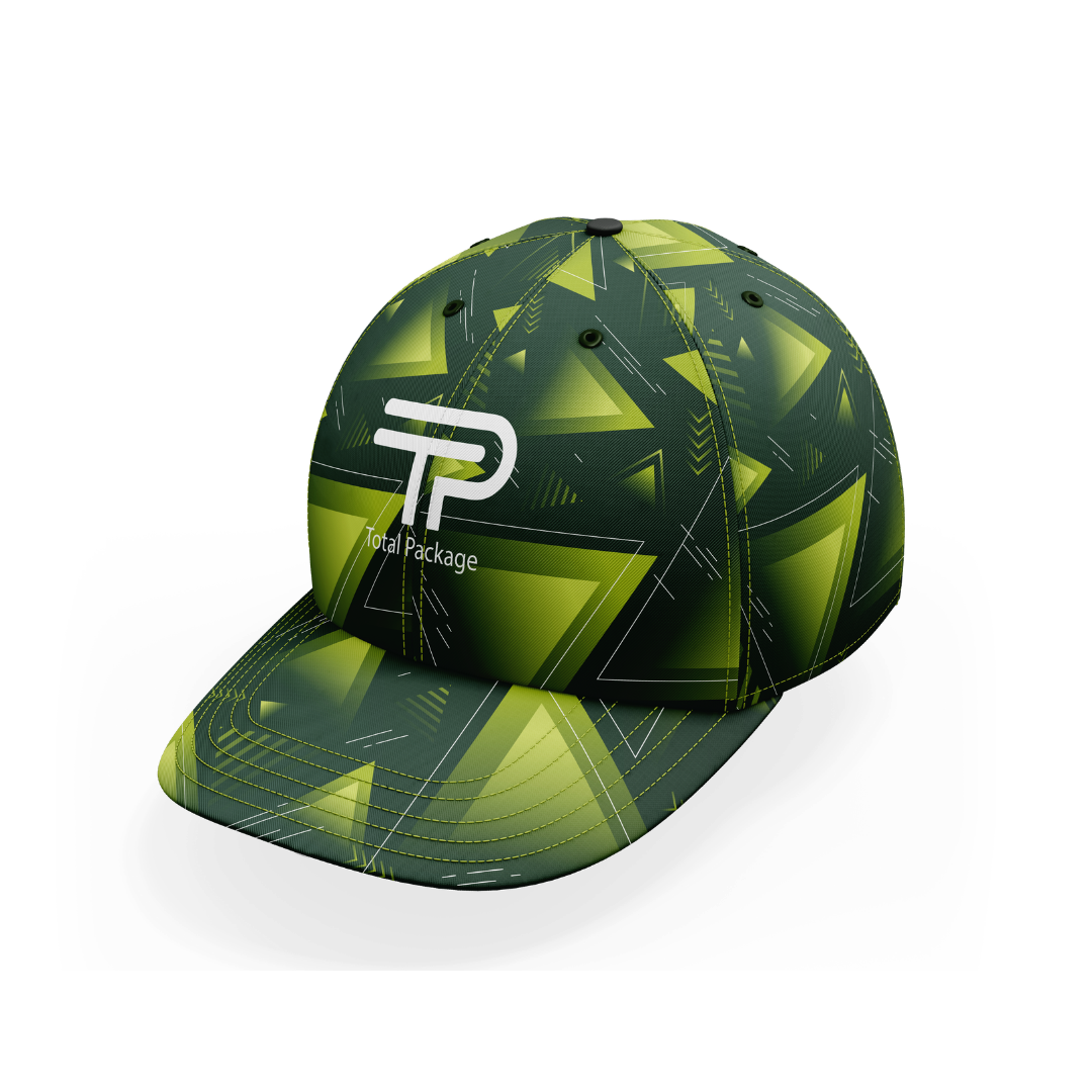 Green and black cap with geometric pattern and 'TP' logo on a white background