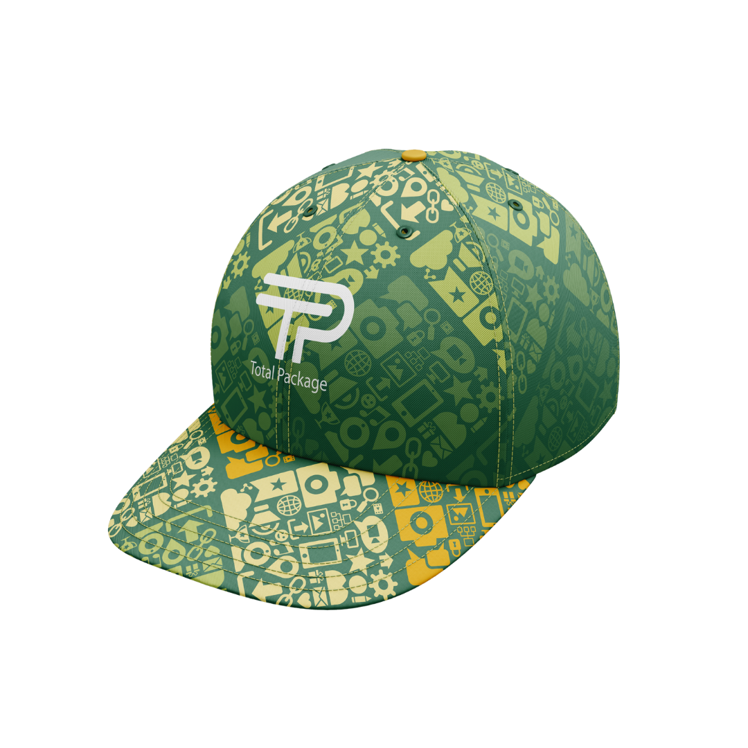 Green cap with colorful pattern and 'Total Package' logo on a white background
