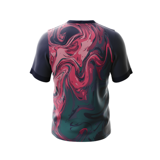 Close-up of Marble Lava Premium Jersey fabric highlighting moisture-wicking material.