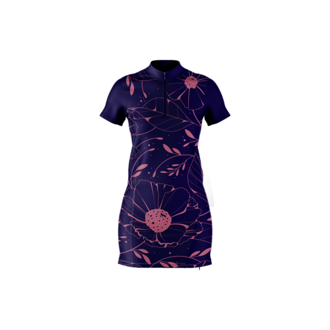 Navy blue dress with pink floral pattern on a white background