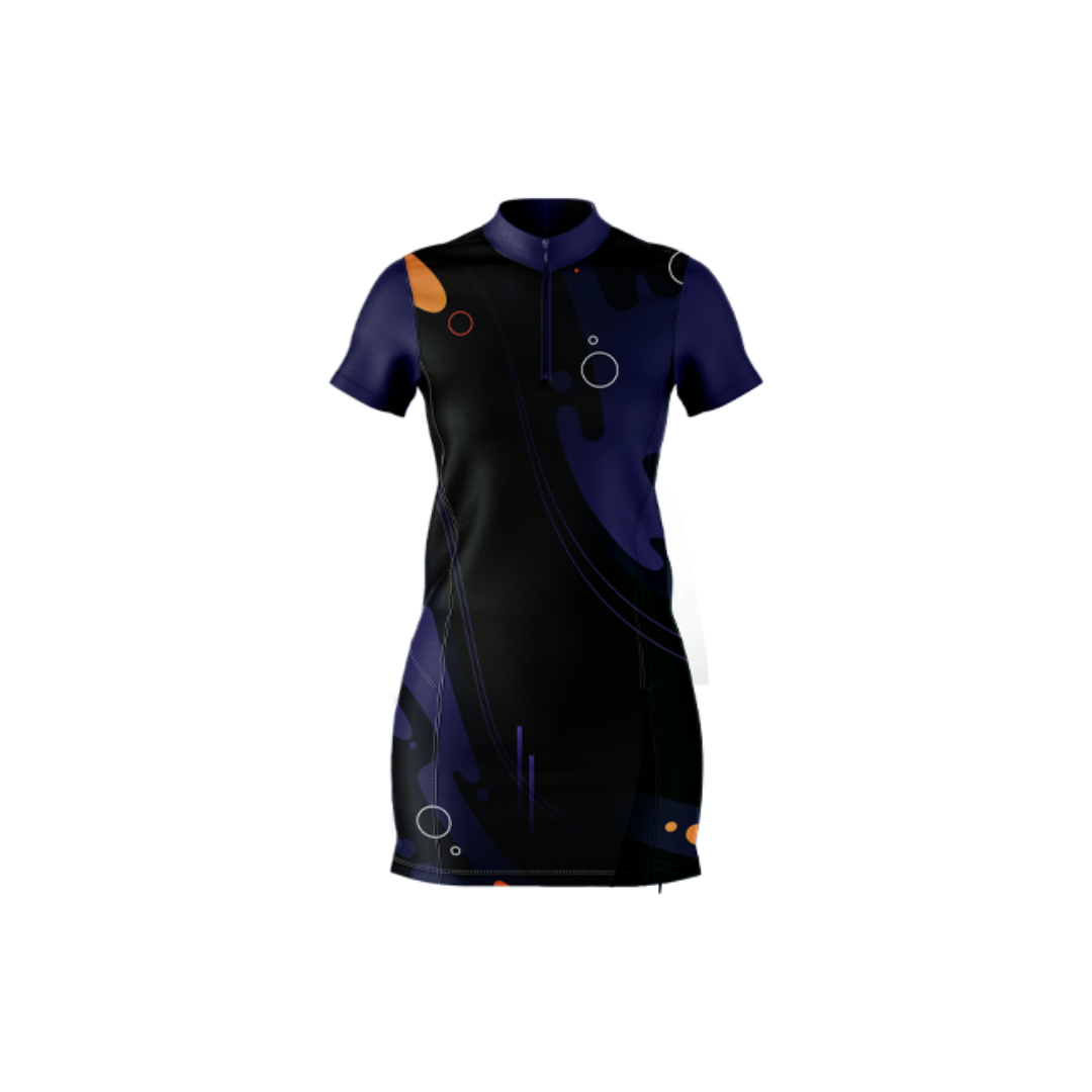 Black and blue dress with orange accents on a white background