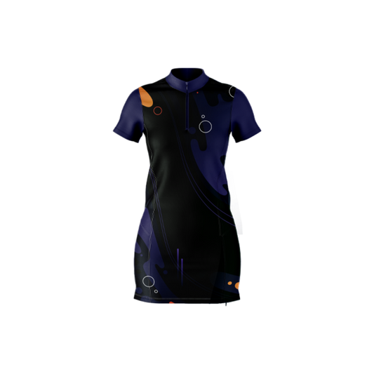 Black and blue dress with orange accents on a white background