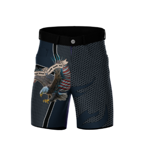 Military Indigo Eagle Bowling Shorts with moisture-wicking fabric and bold graphics