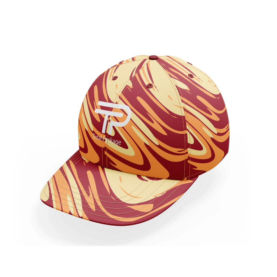 Colorful marbled cap with a logo on a white background