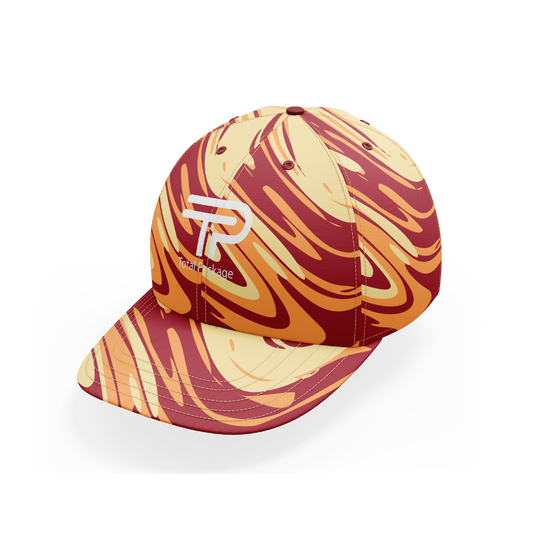 Colorful marbled cap with a logo on a white background