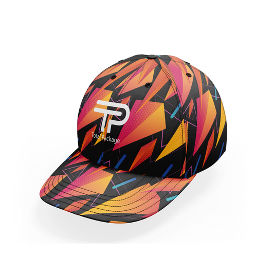 Colorful geometric-patterned cap with a brand logo on a white background