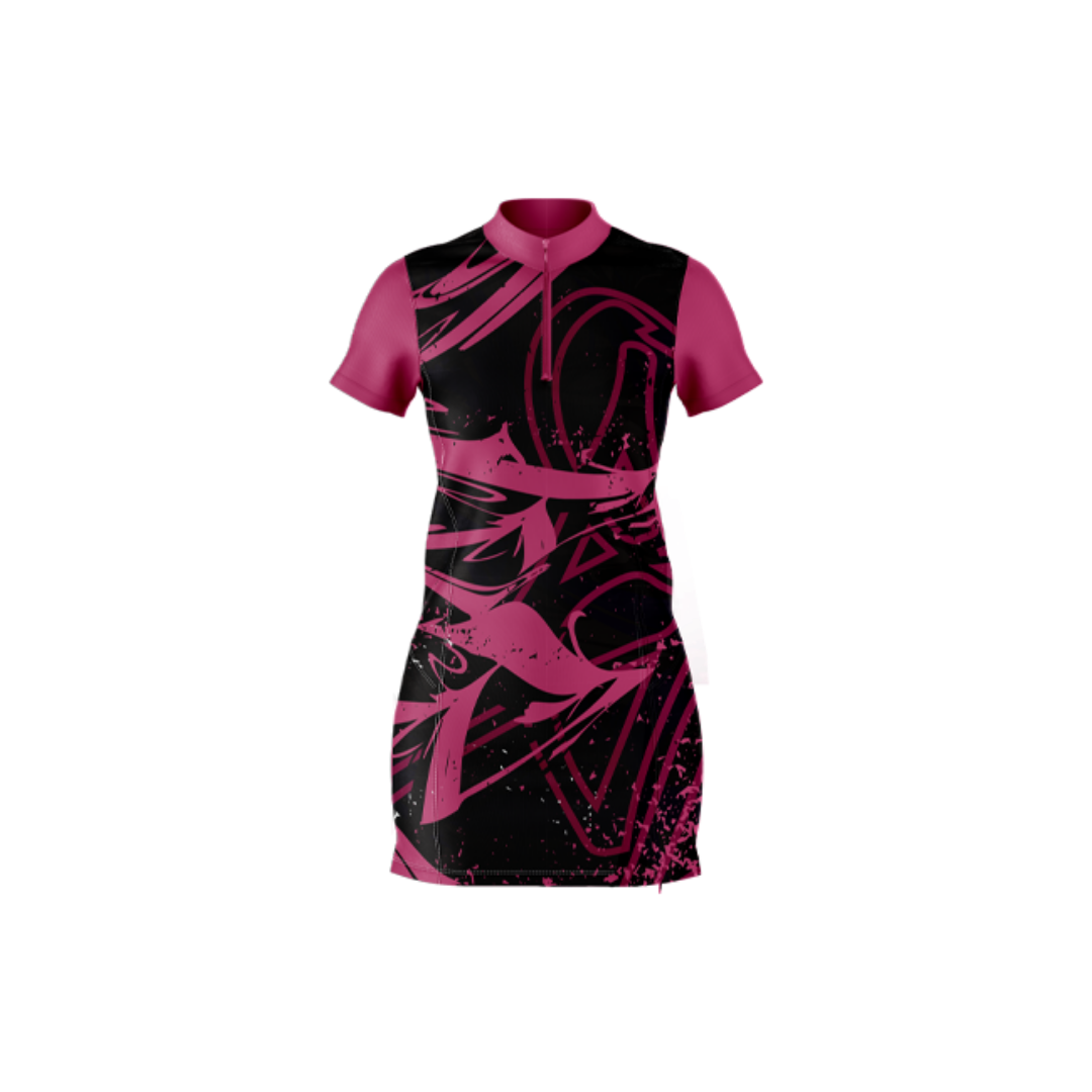 Black dress with pink abstract patterns on a white background