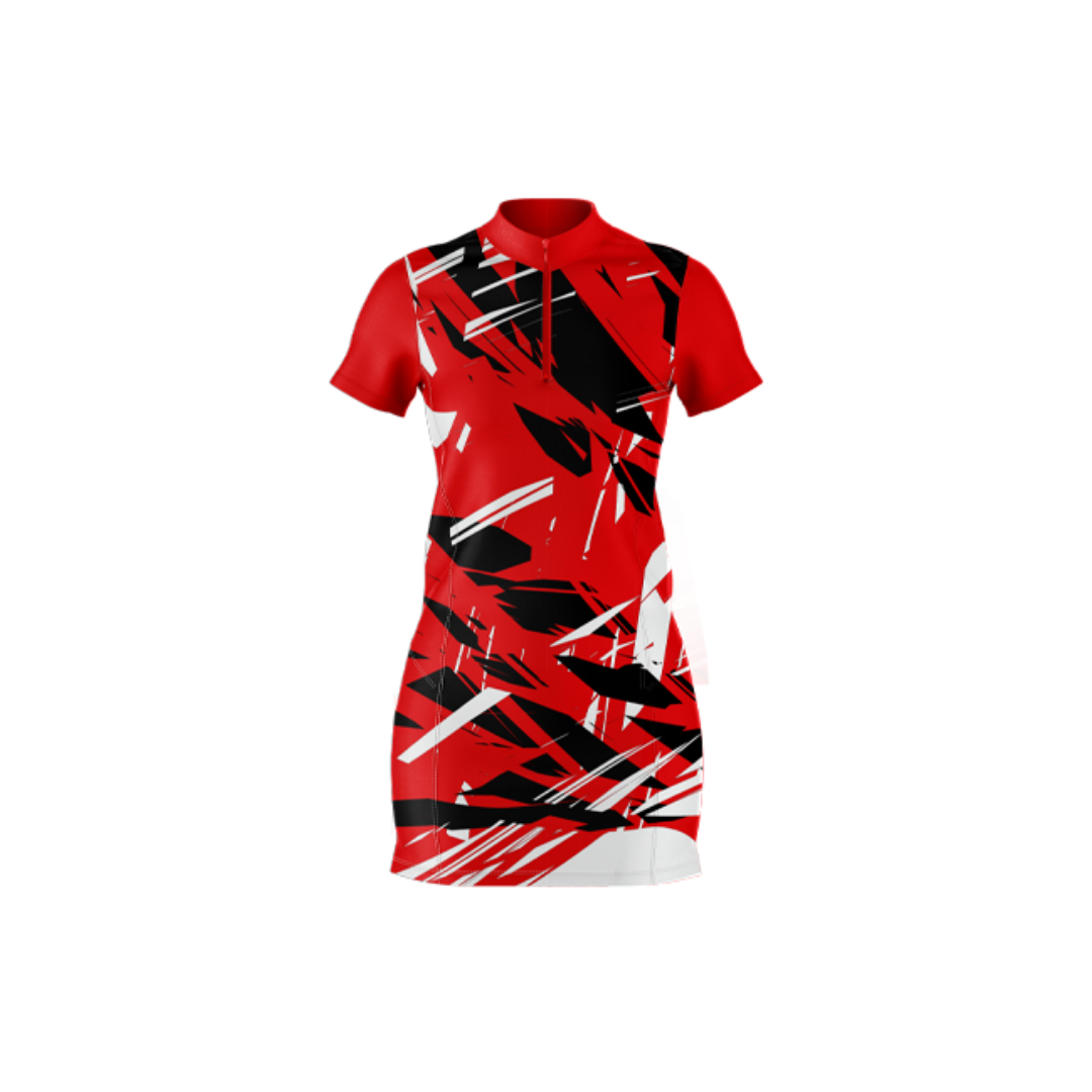 Red dress with black and white abstract pattern on a white background