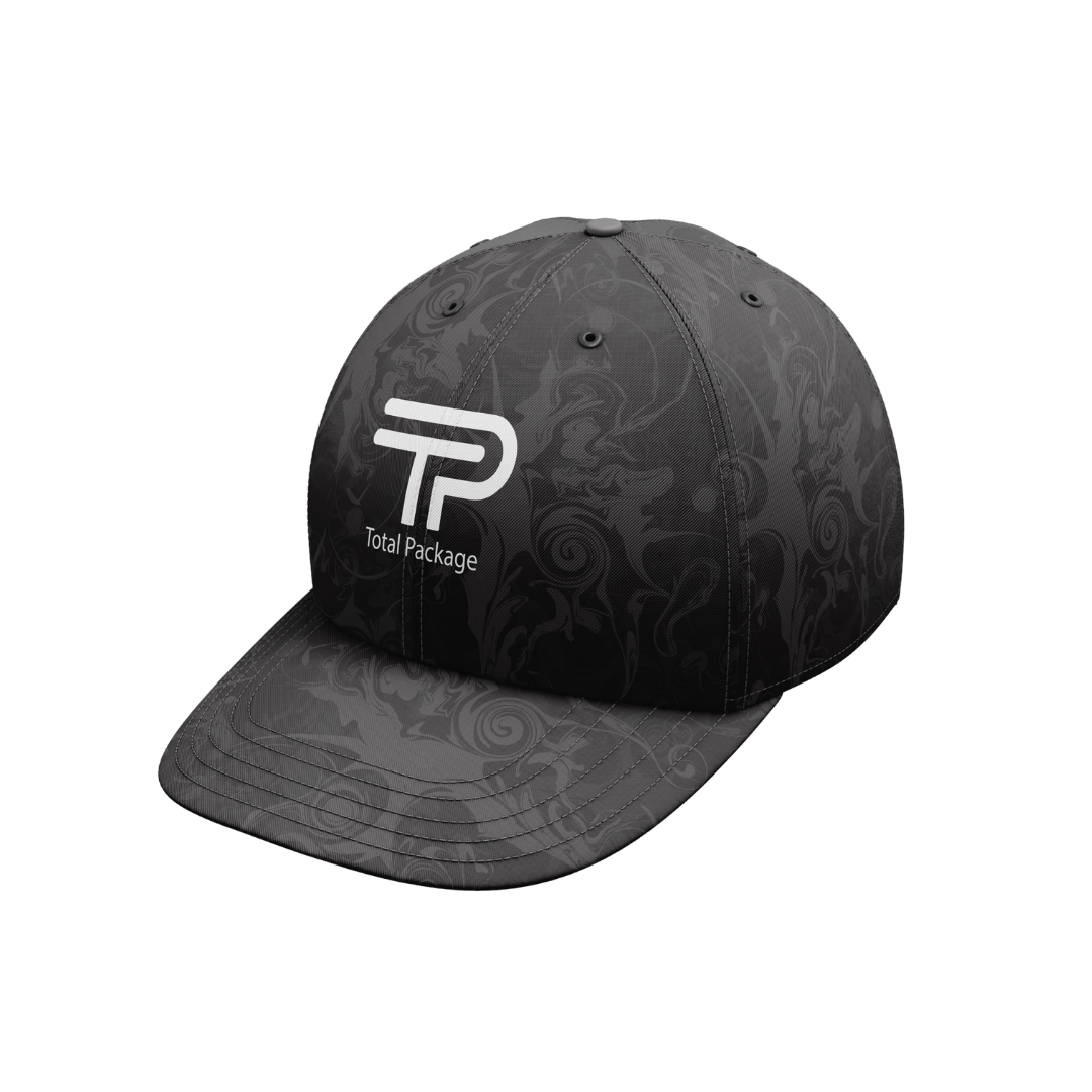 Black cap with 'Total Package' logo on a white background