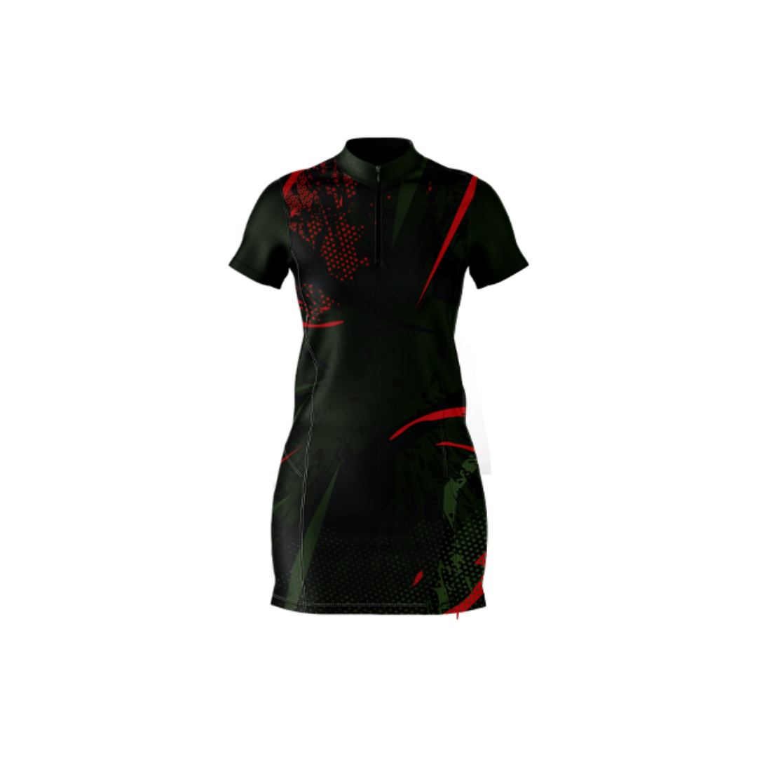 Black dress with red accents on a white background