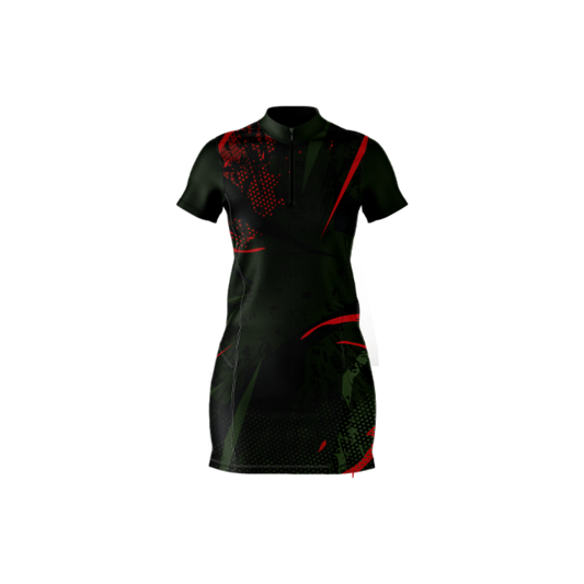 Black dress with red accents on a white background