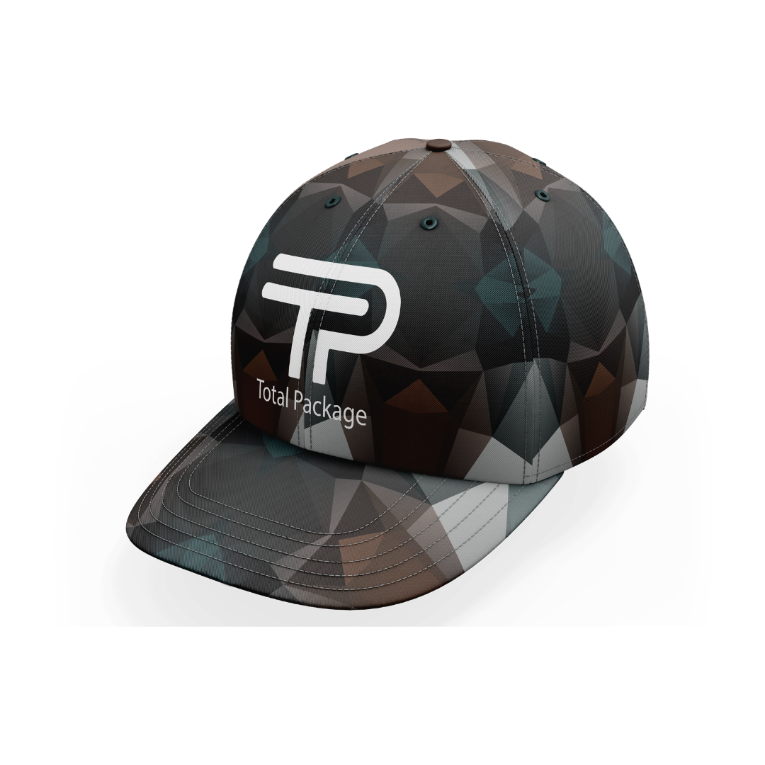 Geometric patterned cap with 'Total Package' logo on a white background