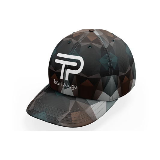 Geometric patterned cap with 'Total Package' logo on a white background