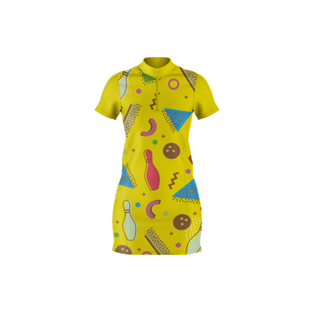 Yellow dress with colorful geometric pattern on a white background