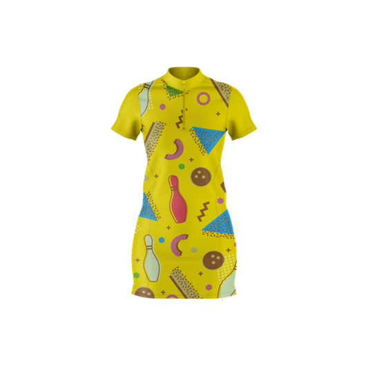 Yellow dress with colorful geometric pattern on a white background