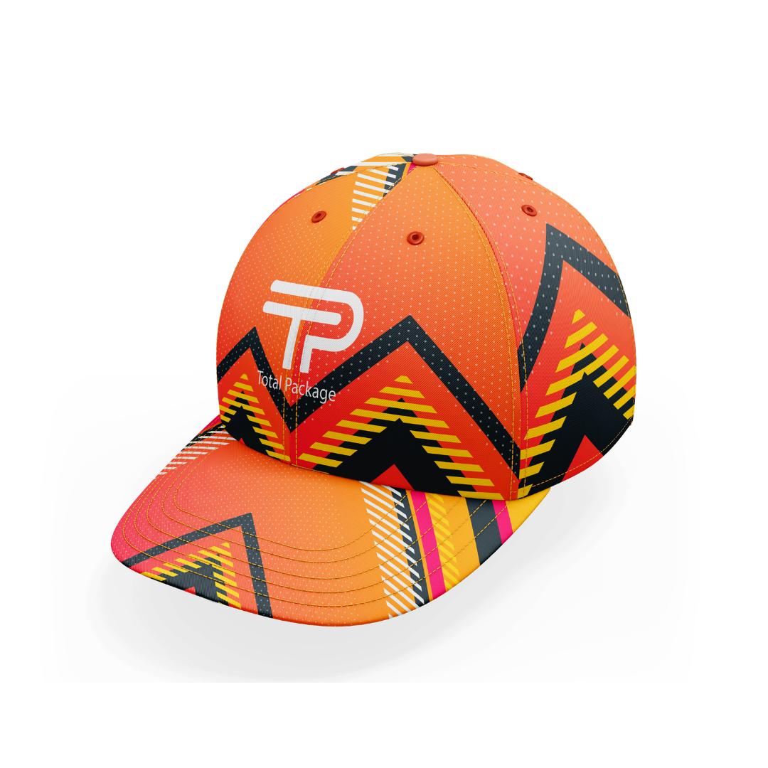 Colorful baseball cap with geometric pattern and brand logo on a white background