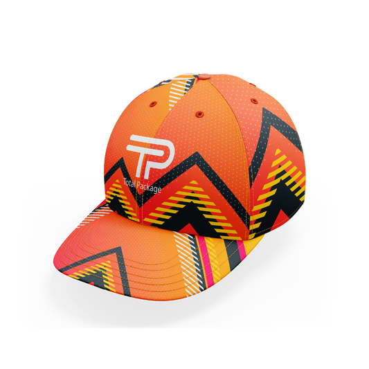 Colorful baseball cap with geometric pattern and brand logo on a white background