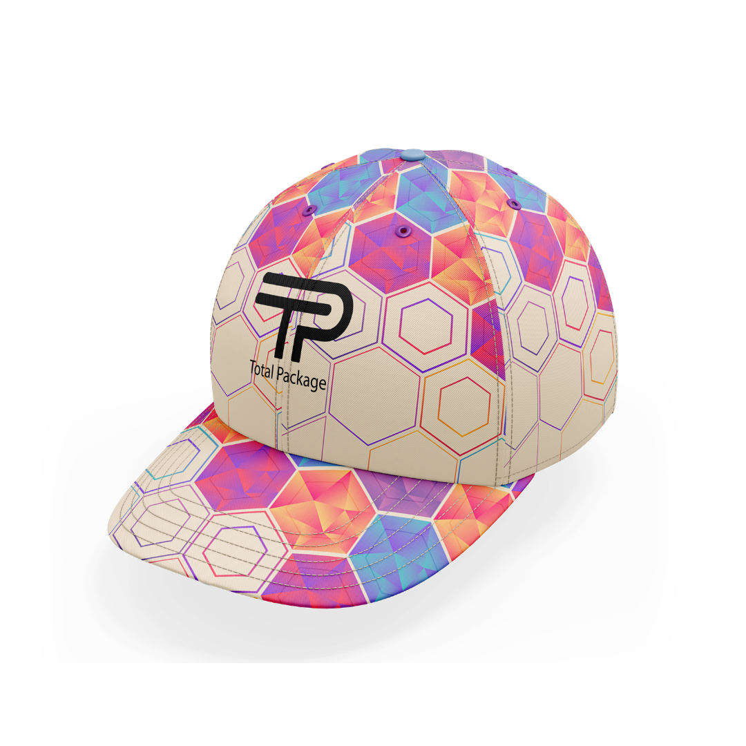 Colorful geometric-patterned cap with a brand logo on a white background