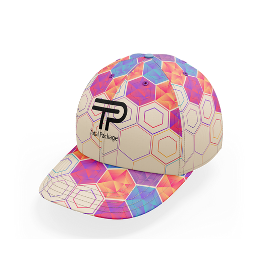 Colorful geometric-patterned cap with a brand logo on a white background