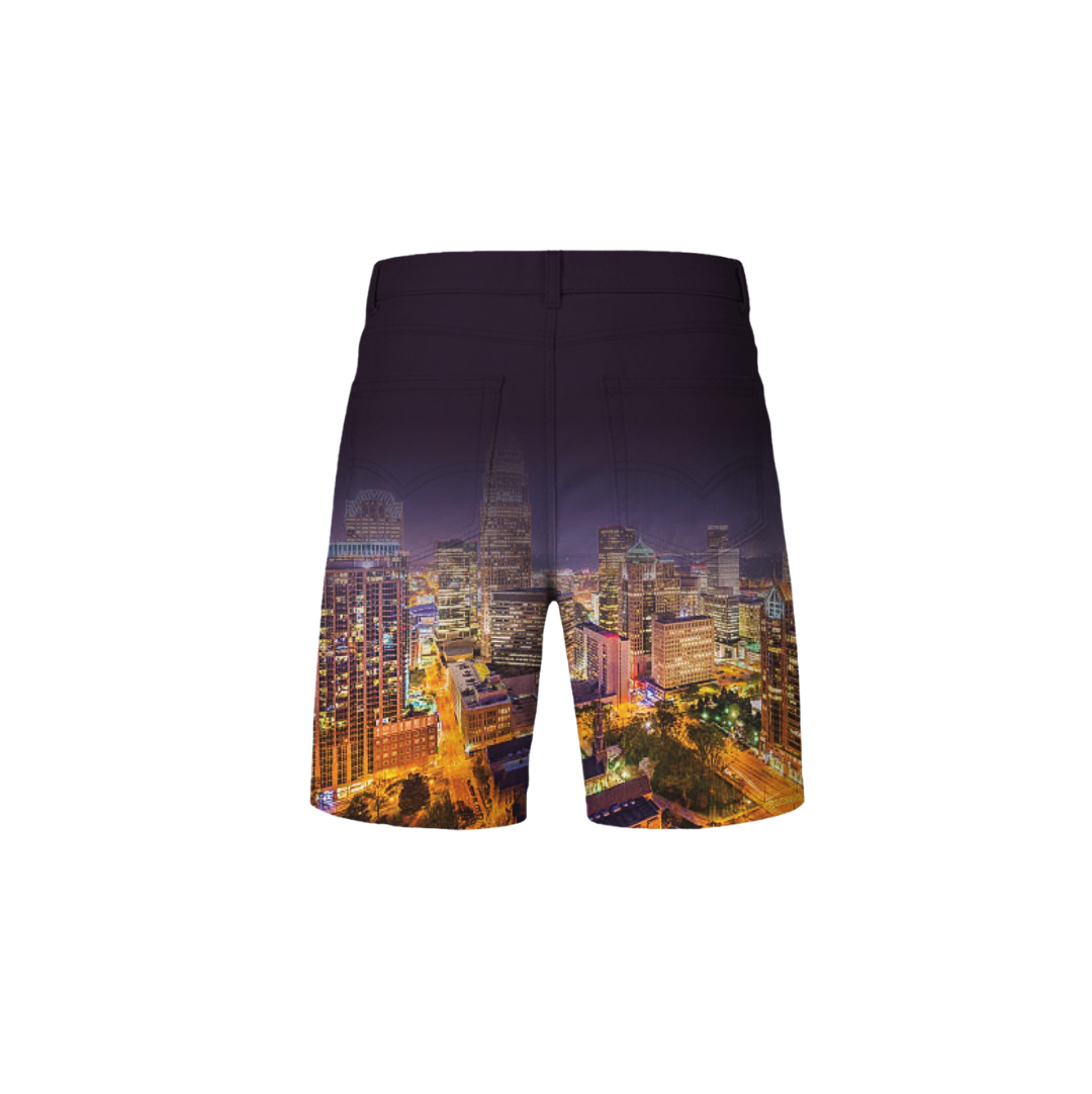 Shorts with a cityscape design on a white background
