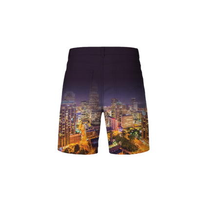 Shorts with a cityscape design on a white background