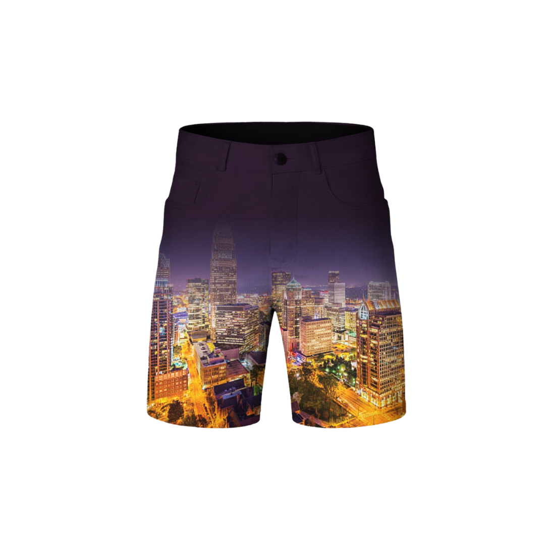 Shorts with a cityscape design on a white background