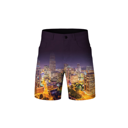 Shorts with a cityscape design on a white background