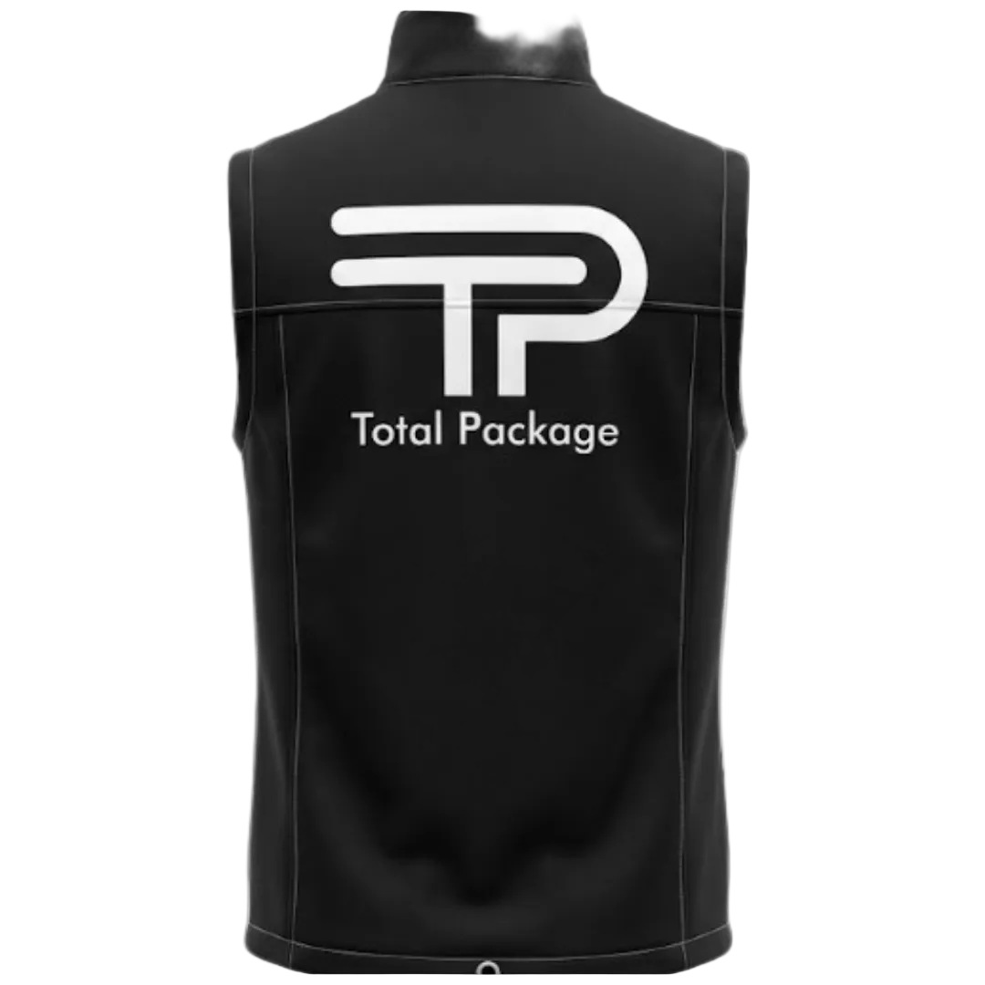 Black vest with 'Total Package' logo on a white background