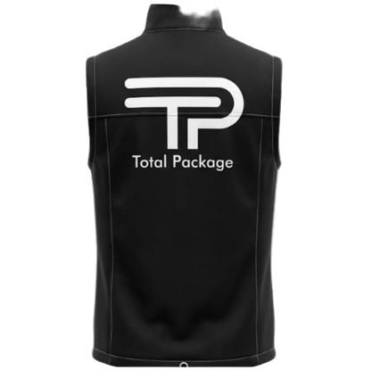 Black vest with 'Total Package' logo on a white background