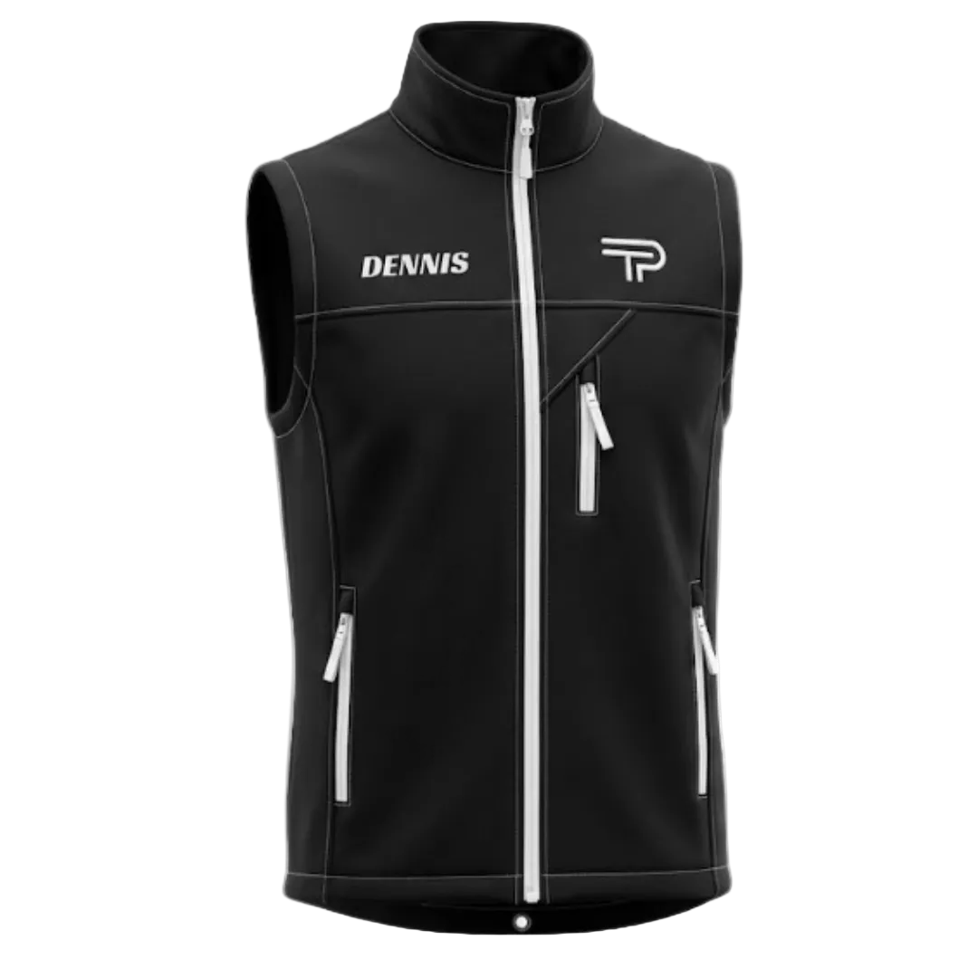 Black vest with white zippers and branding on a white background