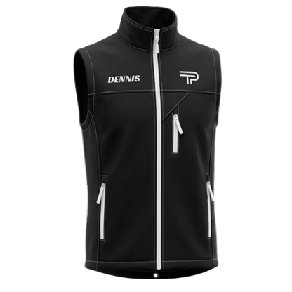 Black vest with white zippers and branding on a white background