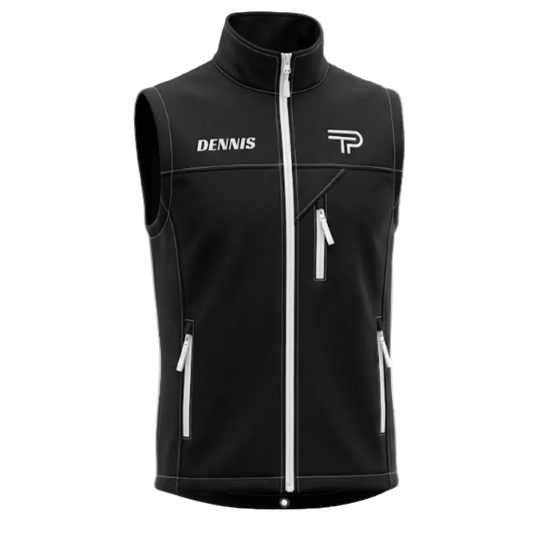 Black vest with white zippers and branding on a white background