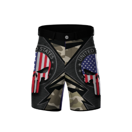 The Skull Military Bowling Shorts featuring a bold skull design and breathable fabric