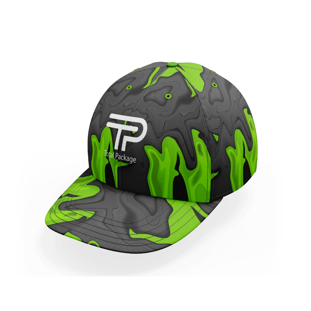 Black and green cap with a logo on a white background