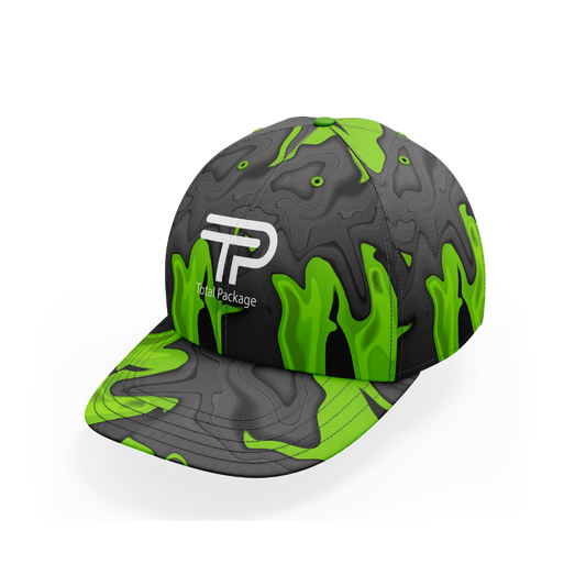 Black and green cap with a logo on a white background