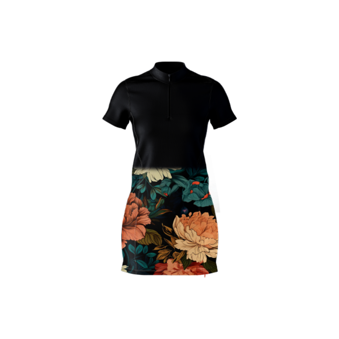 Black top with a floral skirt on a white background
