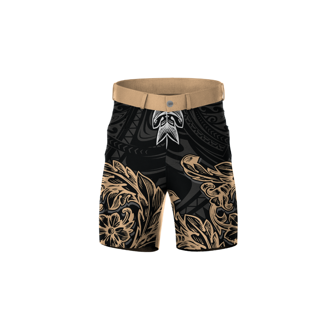 Gold Polynesian Shorts featuring traditional Polynesian patterns, designed for athletes seeking style and performance.