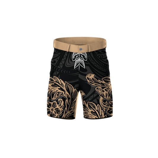 Gold Polynesian Shorts featuring traditional Polynesian patterns, designed for athletes seeking style and performance.