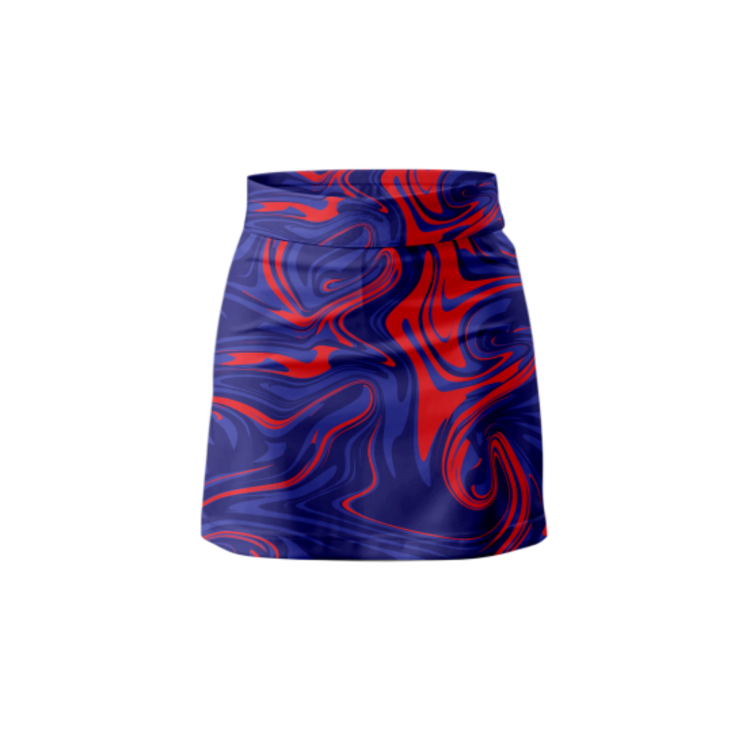 Front View – Blue Red Marble Skort with a bold, artistic design.