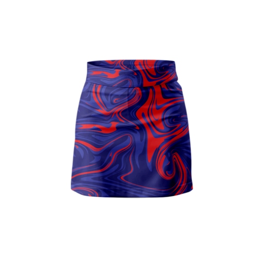 Front View – Blue Red Marble Skort with a bold, artistic design.