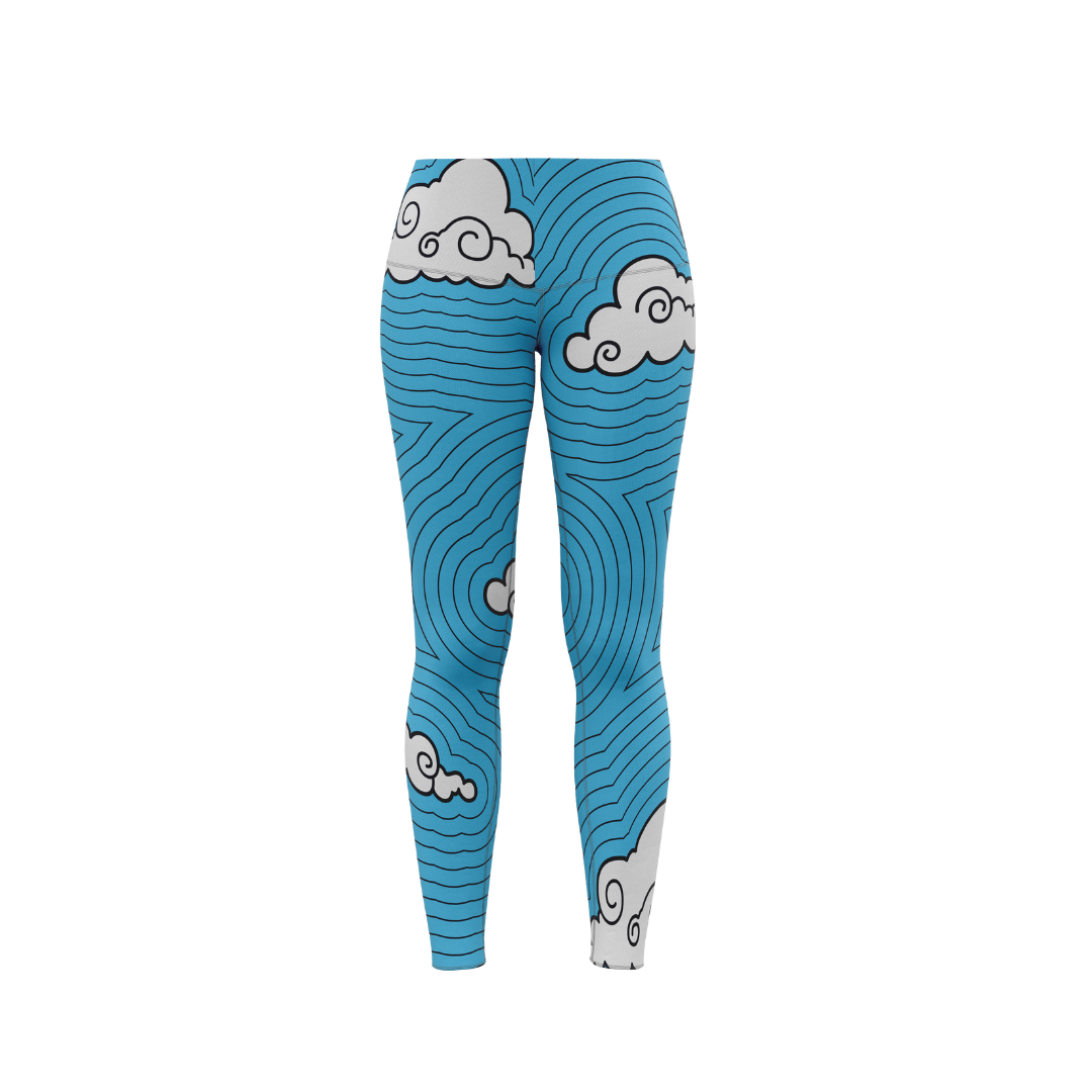 Premium Clouds Leggings featuring a bright blue sky with fluffy white clouds design