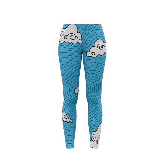 Premium Clouds Leggings featuring a bright blue sky with fluffy white clouds design