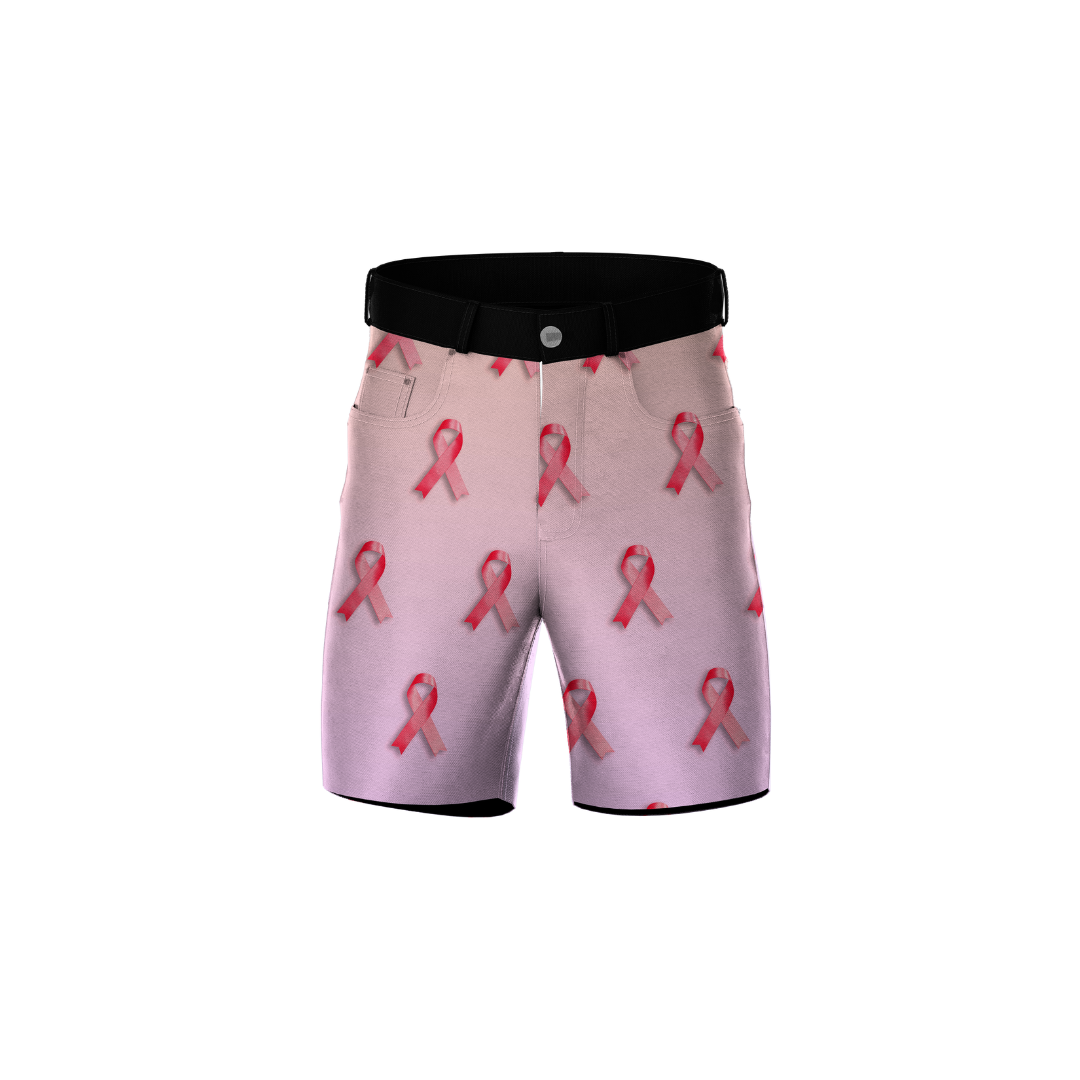 Front view of Premium Breast Cancer Awareness Athletic Shorts featuring pink ribbon design.