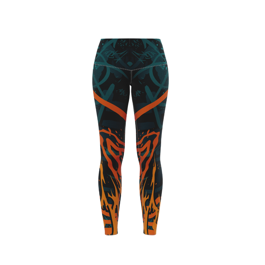 Front view of Elastic Flames Premium Leggings showcasing vibrant flame design