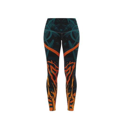 Front view of Elastic Flames Premium Leggings showcasing vibrant flame design