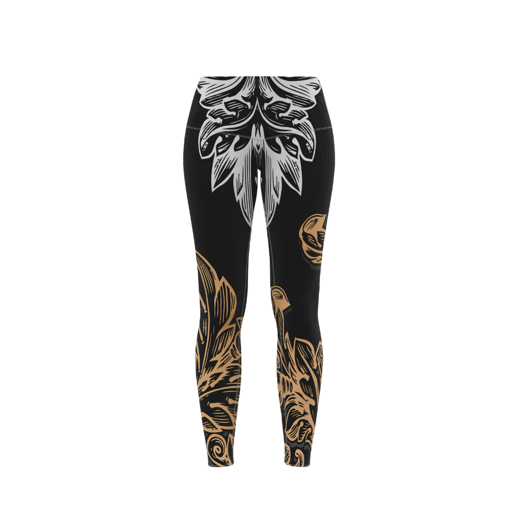 Front view of Gold Polynesian Premium Women's Leggings featuring intricate tribal patterns.