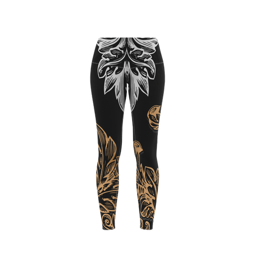 Front view of Gold Polynesian Premium Women's Leggings featuring intricate tribal patterns.