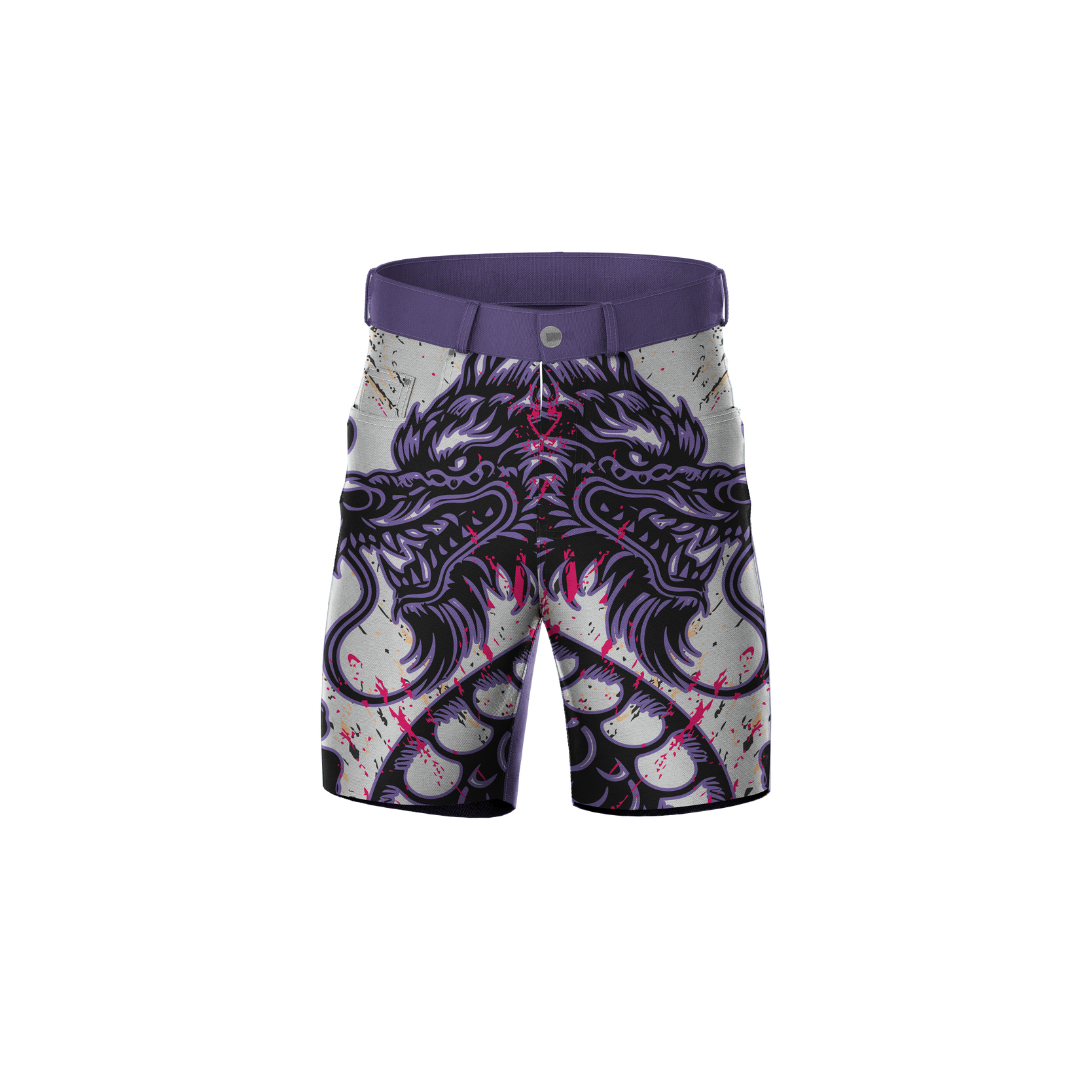 Majestic Dragon Premium Shorts featuring a bold dragon print on black fabric.